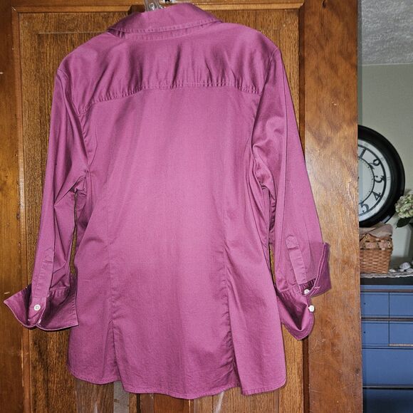 Talbots Womens Burgundy Purple Three Quarter Sleeve Button Down Shirt Size L - Picture 2 of 8